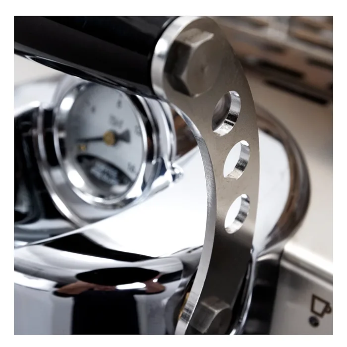 Close-up of the Dalla Corte Mina Espresso Machine Yellow right side, displaying the series of lights indicating flow rate stages during extraction