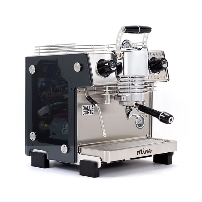 A sleek, Dalla Corte Mina Espresso Machine Glass, showcasing its distinctive manual lever (yoke) and modern design