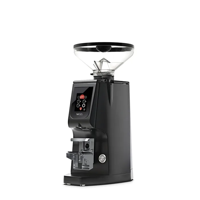 A sleek, Eureka Atom W 65 espresso grinder black on a counter, highlighting its compact design