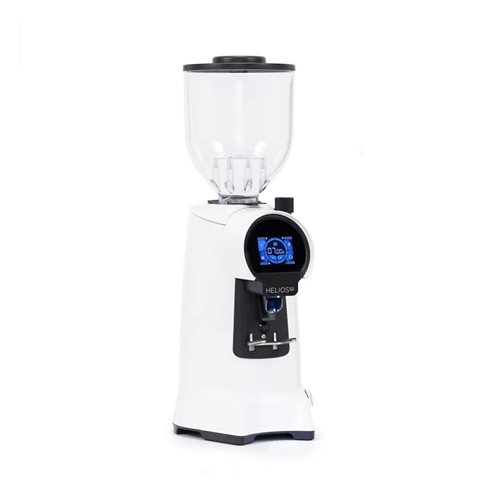 A sleek, Eureka Helios 65 espresso grinder White, highlighting its large bean hopper and prominent touchscreen