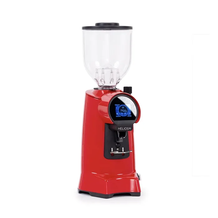 A sleek, Eureka Helios 65 espresso grinder Red, highlighting its large bean hopper and prominent touchscreen