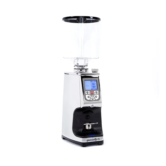 A sleek, Eureka Atom Specialty 75 Chrome espresso grinder on a kitchen counter, showcasing its design
