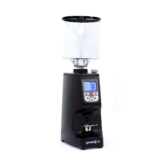 A sleek, Eureka Atom Specialty 75 black espresso grinder on a kitchen counter, showcasing its design