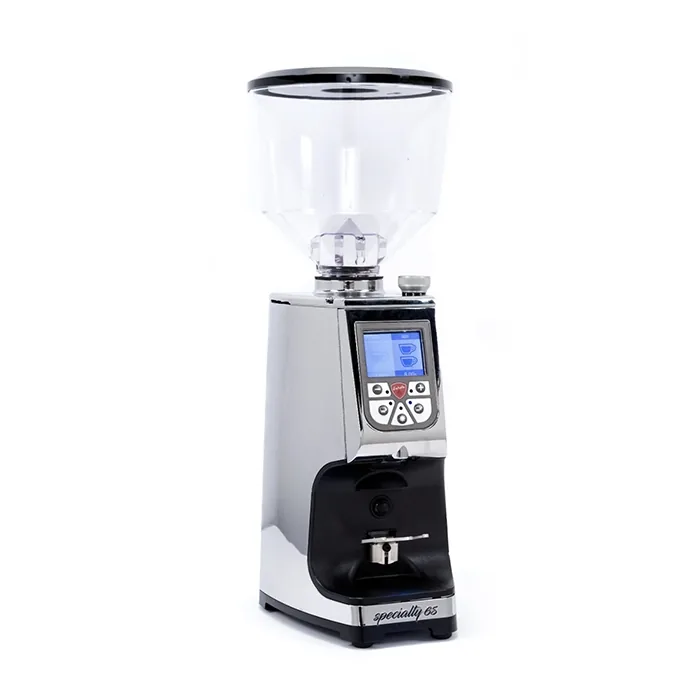 A sleek, Eureka Atom Specialty 65 Chrome espresso grinder on a kitchen counter, highlighting its compact design