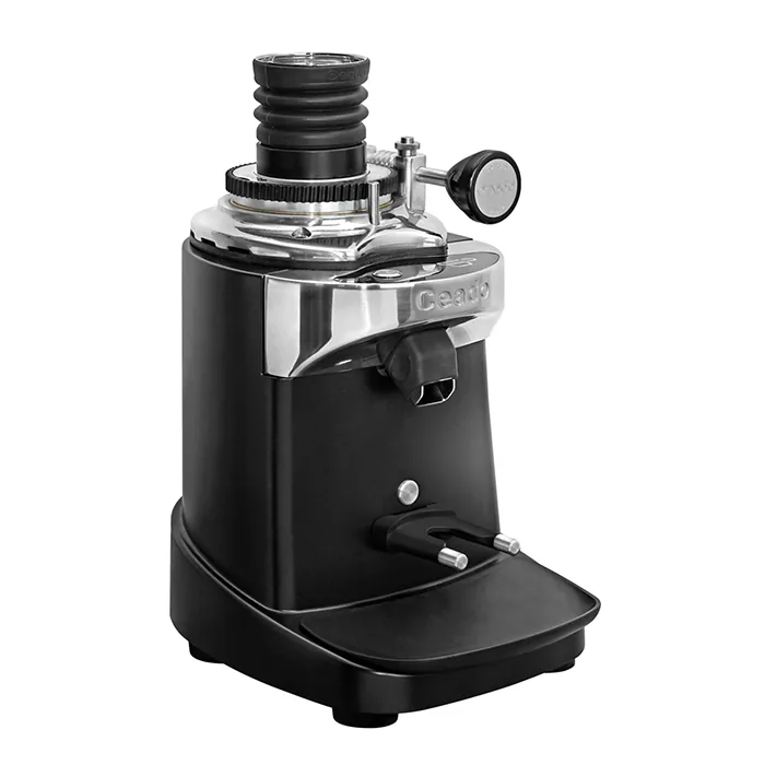A sleek, Ceado E37SD Coffee Grinder Black single-dose coffee grinder on a counter, with its Quick Set Gear visible