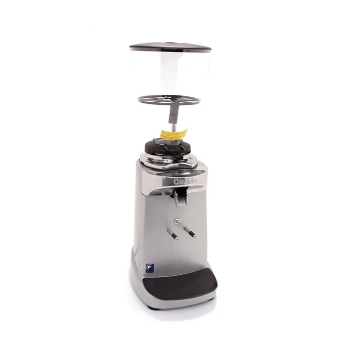 A large, professional Ceado E92 espresso grinder, featuring its bean hopper and dispensing chute