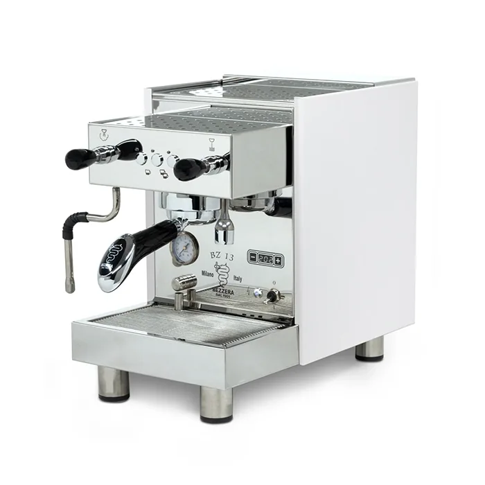 A Bezzera BZ13 DE espresso machine White, showcasing its polished stainless steel and front control panel