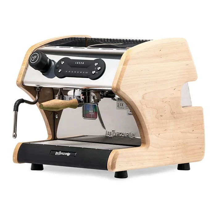 A sleek, LUCCA A53 Direct Plumb Maple espresso machine, showcasing its compact size and professional design