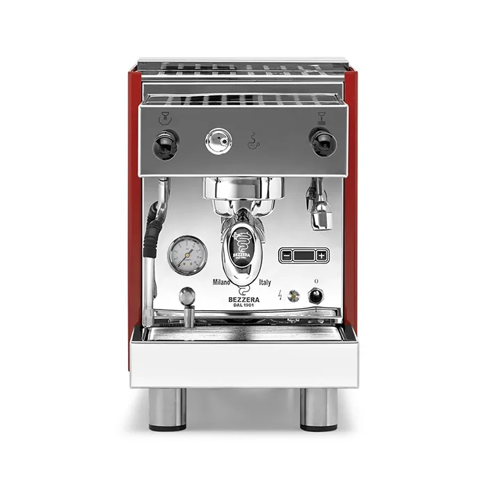 A Bezzera BZ13 PM espresso machine Red, showcasing its polished stainless steel housing and ergonomic design