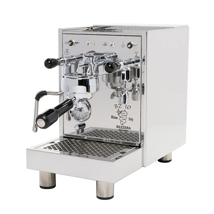 A sleek, Bezzera BZ10 Espresso Machine Stainless, showcasing its compact size and dual needle gauge