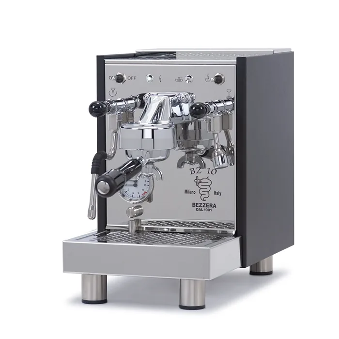 A sleek, Bezzera BZ10 Espresso Machine Black, showcasing its compact size and dual needle gauge