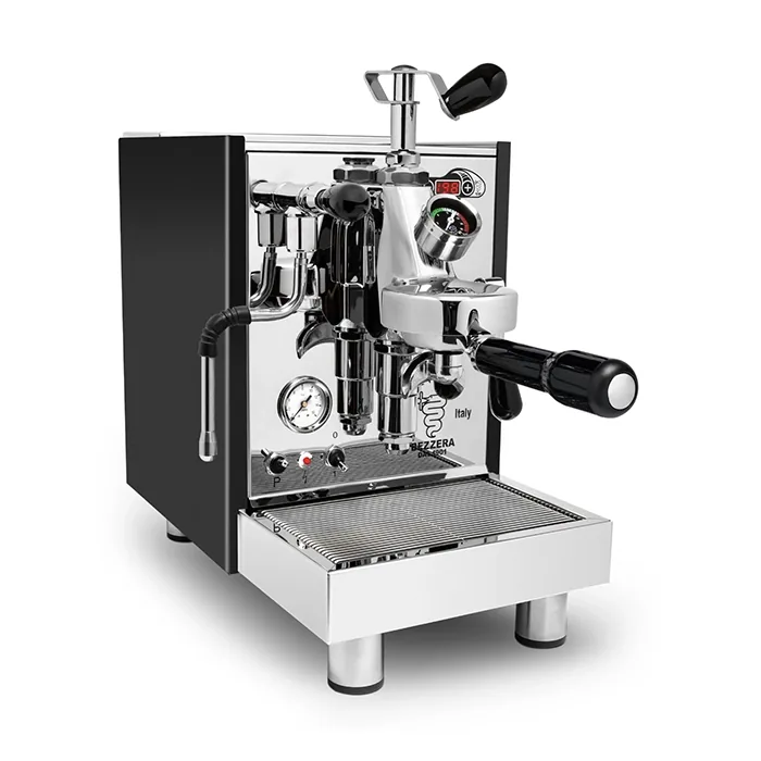 A Bezzera Unica espresso machine black stainless steel, showcasing its compact size and traditional design