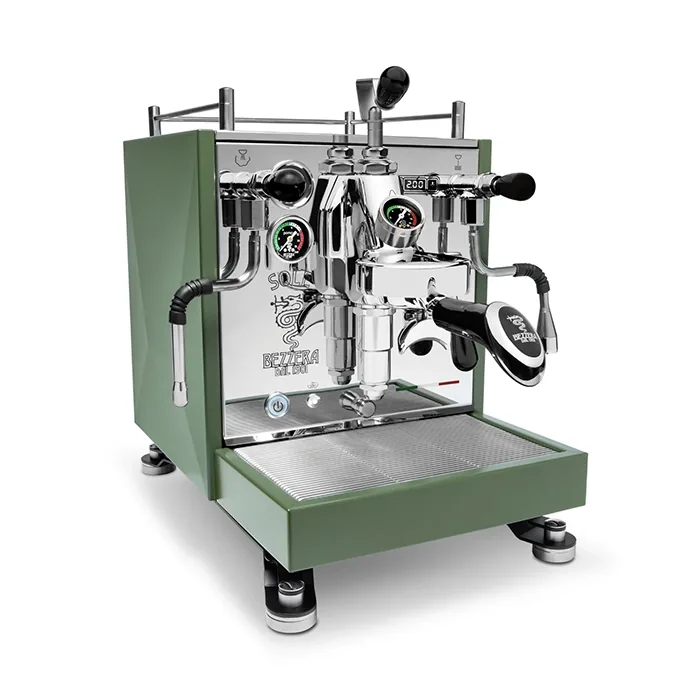A sleek, Bezzera Sole espresso machine Green with its distinctive moon-lander feet and E61 group head visible