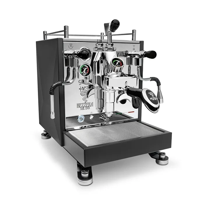 A sleek, Bezzera Sole espresso machine Black with its distinctive "moon-lander" feet and E61 group head visible