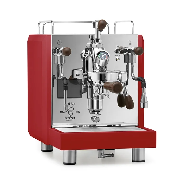 A Bezzera DUO MN espresso machine Red, showcasing its stainless steel body and rosewood accents