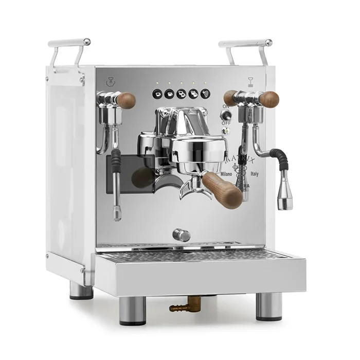 A Bezzera Matrix DE espresso machine walnut with its light-scattering side panels illuminated in a vibrant color, featuring rosewood handles