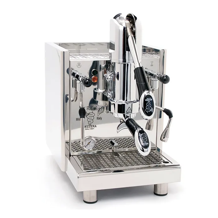 A beautiful bezzera strega lever espresso machine stainless, with its lever in the upright position