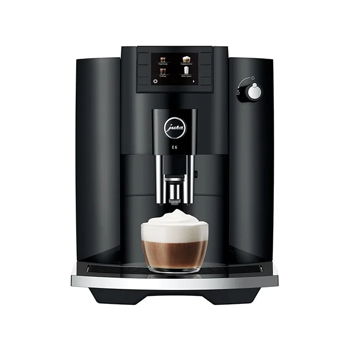 Front view of the sleek JURA E6 espresso machine black, highlighting its display and spouts