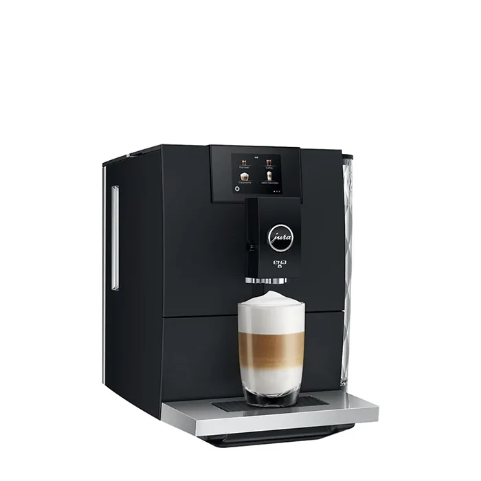 Front view of the sleek JURA ENA 8 espresso machine black, highlighting its compact size and touchscreen