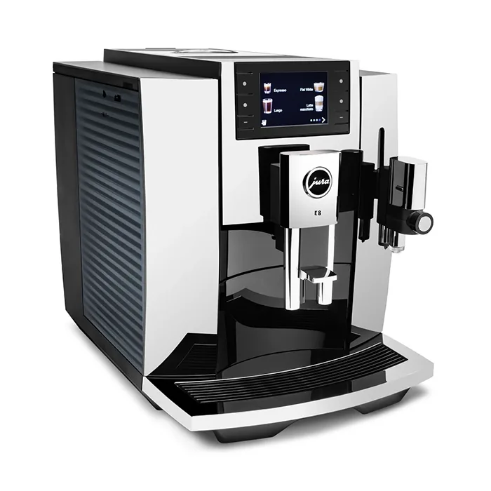A sleek JURA E8 espresso machine chrome, displaying its full-color screen and coffee spout