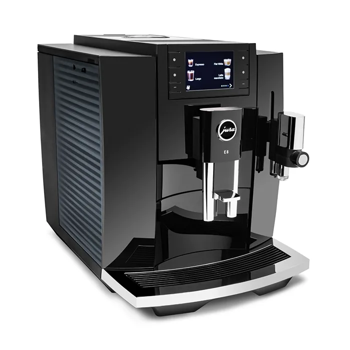 A sleek JURA E8 espresso machine black, displaying its full-color screen and coffee spout