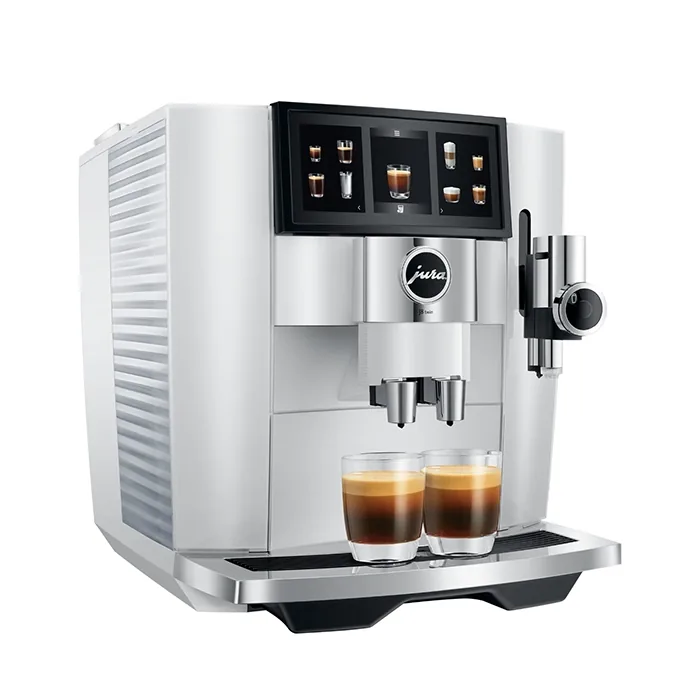 JURA J8 Espresso Machine White front view- A sleek JURA J8 espresso machine in black, displaying its large, vibrant touchscreen
