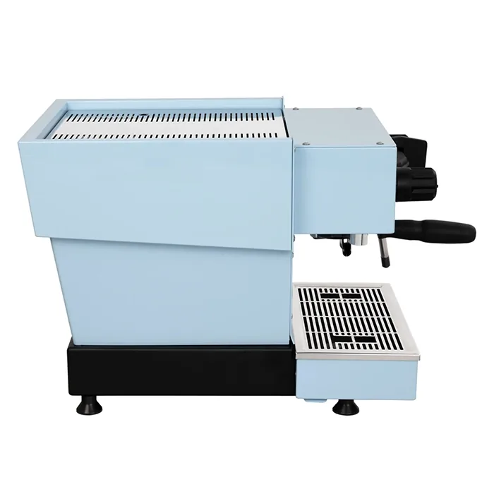 Close-up of the La Marzocco Linea Mini R Blue saturated group head, emphasizing its robust, commercial-grade design