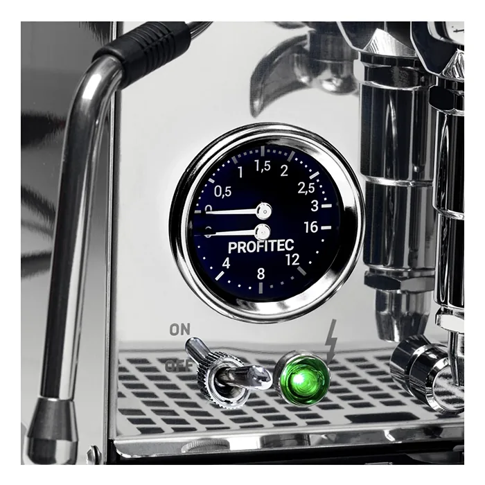 A sleek, Profitec Pro 400 Espresso Machine Black, showcasing its compact size and front panel