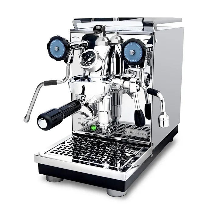 A sleek, Profitec Pro 400 Espresso Machine Stainless Steel, showcasing its compact size and front panel