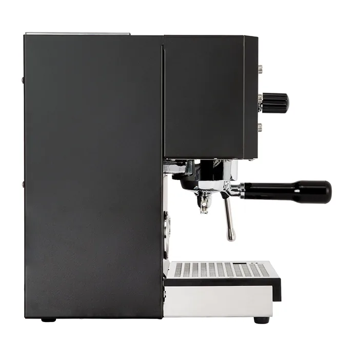 A sleek, Profitec GO Espresso Machine Black on a countertop, showcasing its compact size and front panel controls