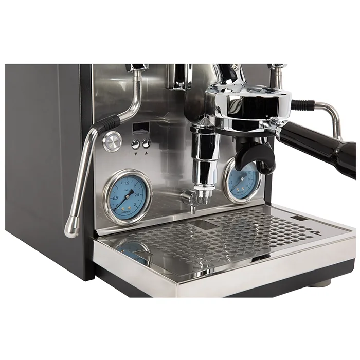 A sleek Profitec RIDE Espresso Machine with black powder-coated housing and a satin steel front plate, showcasing its modern design