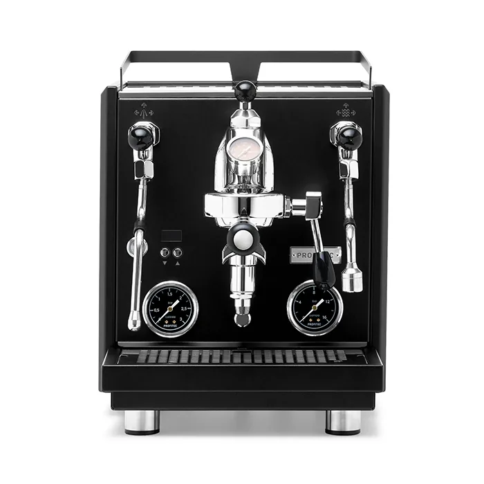 A striking Profitec Drive Espresso Machine Black with stainless steel accents, highlighting its E61 group and pressure gauges