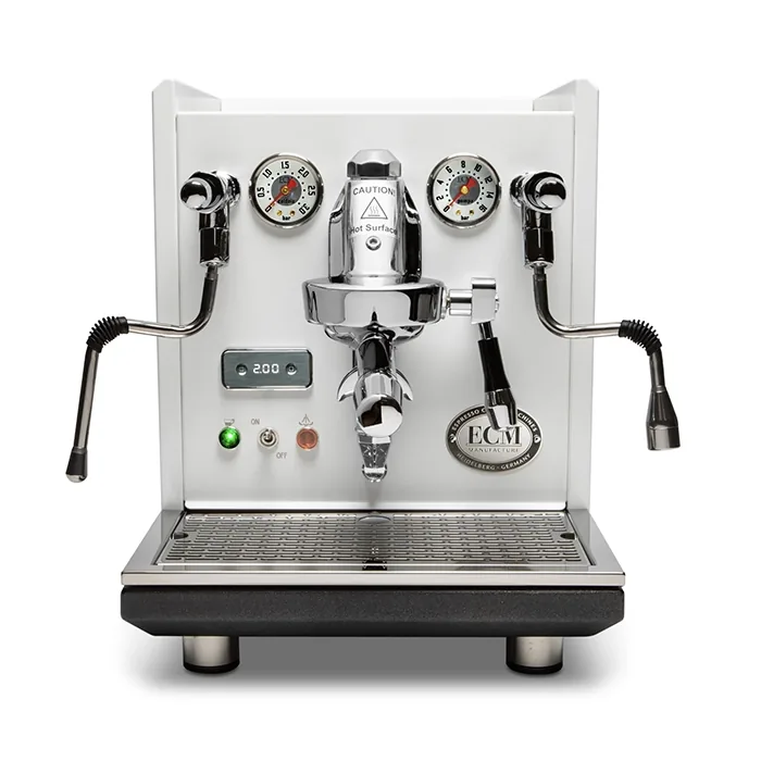 A sleek, polished ECM Synchronika Espresso Machine White espresso machine in white, showcasing its dual gauges and E61 group head