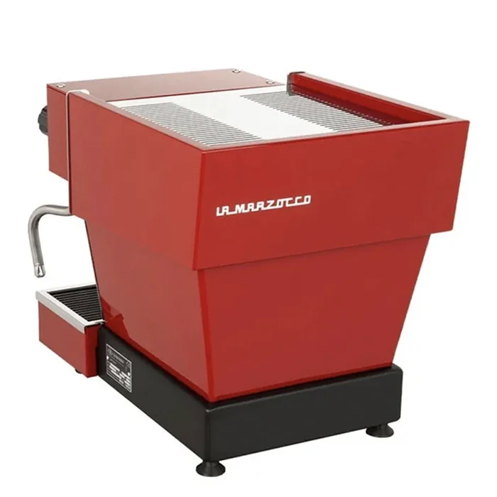 Close-up of the La Marzocco Linea Mini R Red saturated group head, emphasizing its robust, commercial-grade design