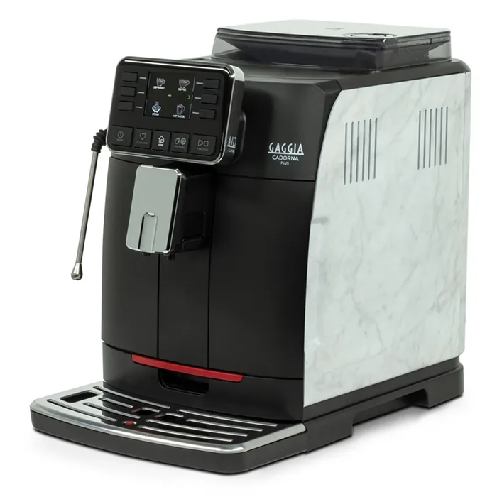 The Gaggia Cadorna Barista Plus White, showcasing its Monaco walnut hydro-dipped panels and full-color TFT display