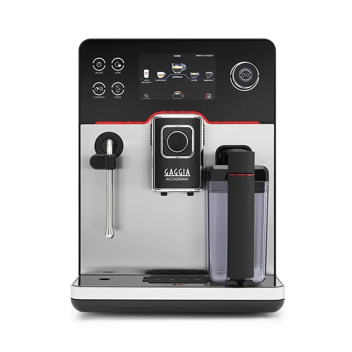 A sleek Gaggia Accademia Brushed Stainless with its prominent black glass front panel and touch display