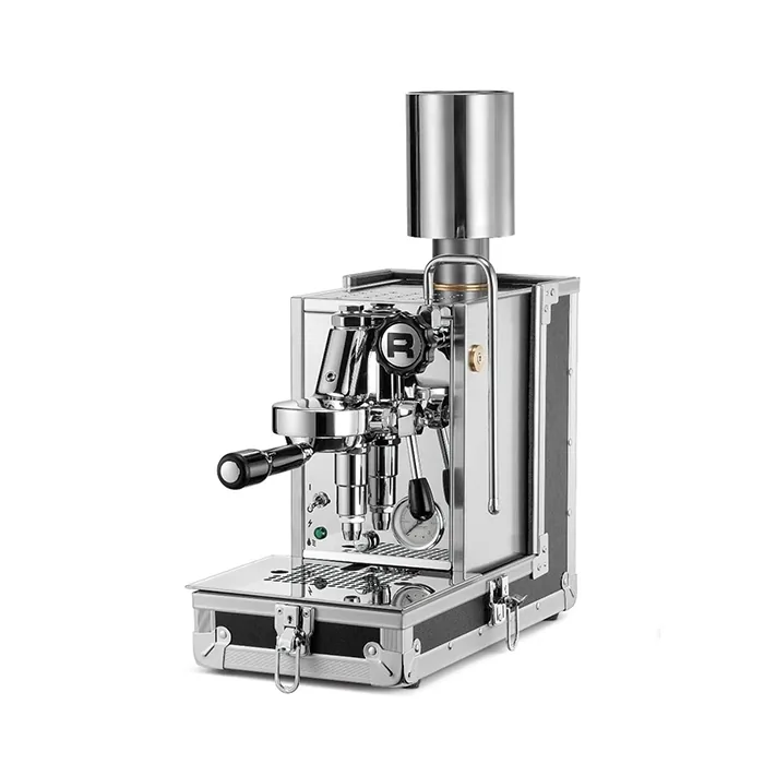 The Rocket Espresso Porta Via securely packed inside its rugged, stylish travel case