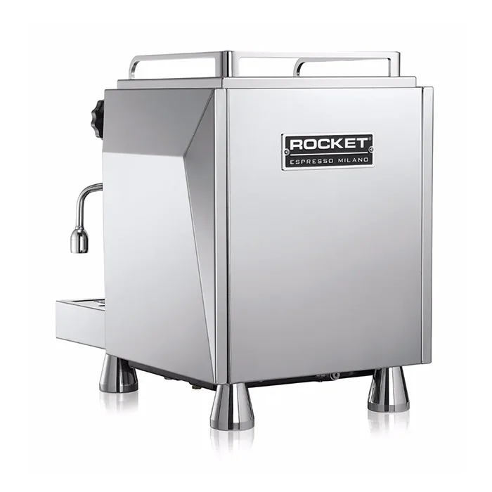 A view of the back or side of the Rocket Espresso Giotto Cronometro R, illustrating the connection for direct plumbing to a water line