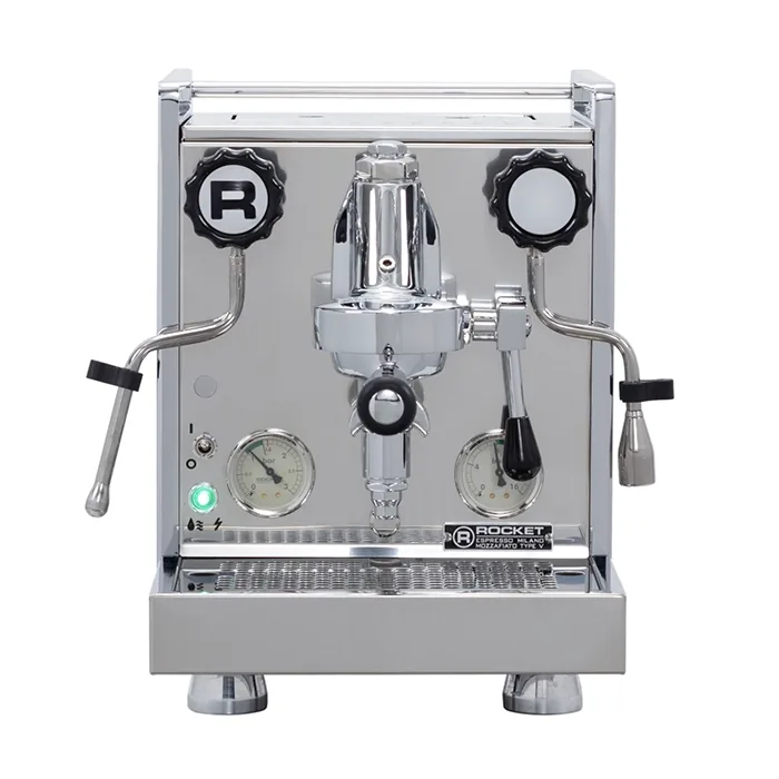 A polished stainless steel Rocket Espresso Mozzafiato Cronometro V, showcasing its traditional flat panel design