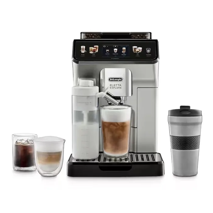 A sleek DeLonghi Eletta Explore coffee machine, showcasing its prominent touchscreen display and dual milk carafes