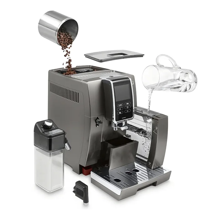 A glass of iced coffee being dispensed from the DeLonghi Dinamica Plus Connected, highlighting its TrueBrew Over Ice feature