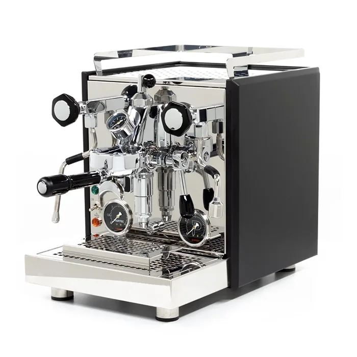 A sleek, matte black Profitec Pro 700 Espresso Machine, showcasing its elegant side panels and dual gauges
