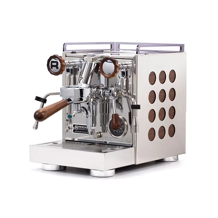 A sleek, Rocket Espresso Appartamento Walnut with distinctive walnut wood accents on its side panels and knobs
