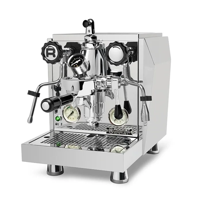 A polished stainless steel Rocket Espresso Giotto Cronometro V espresso machine, showcasing its structured Giotto design