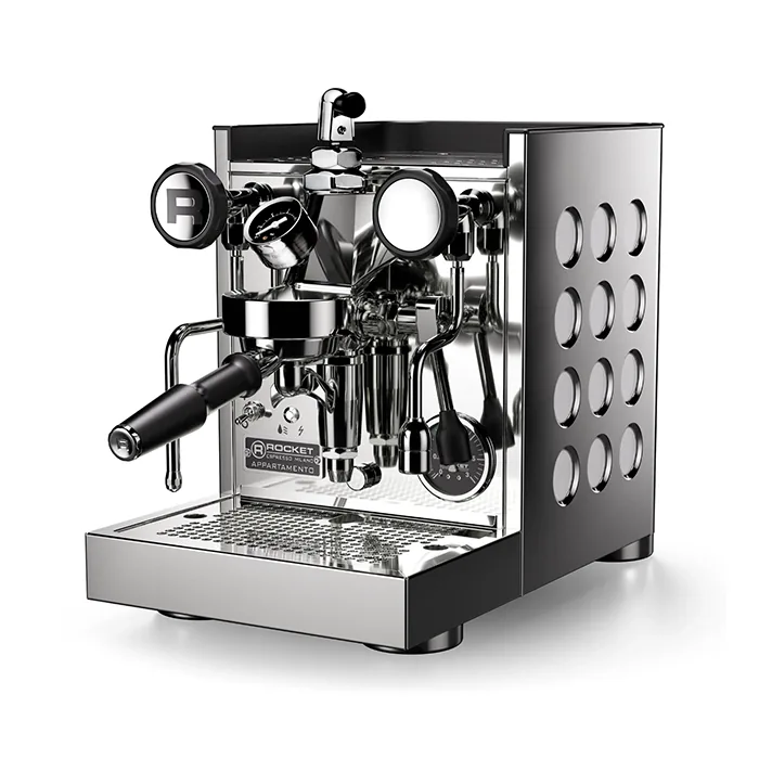 A sleek, white Rocket Espresso Appartamento TCA, showcasing its streamlined panels and angular E61 group