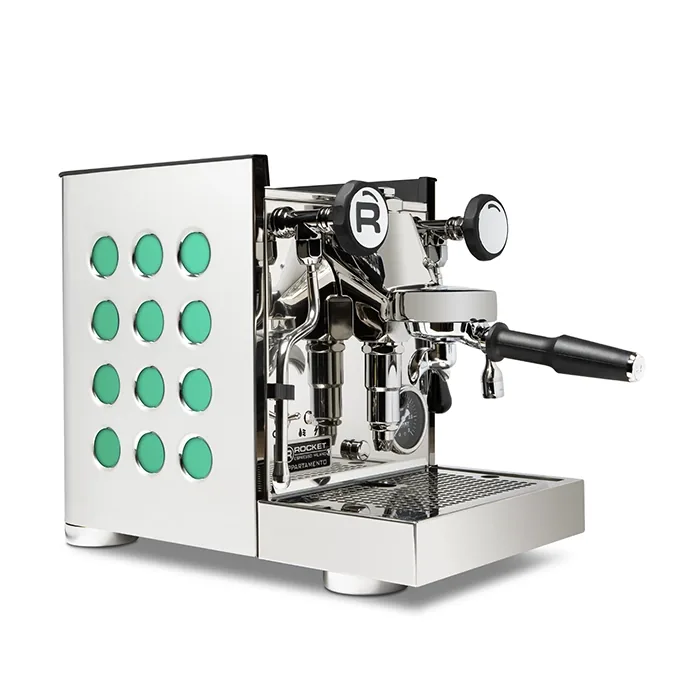 A sleek, Rocket Espresso Appartamento TCA Emerald, showcasing its streamlined panels and angular E61 group