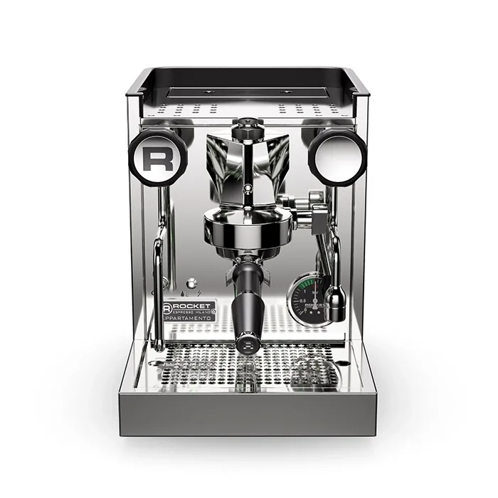 Close-up of the red LED indicator light on the Rocket Espresso Appartamento TCA Emerald, showing temperature setting flashes