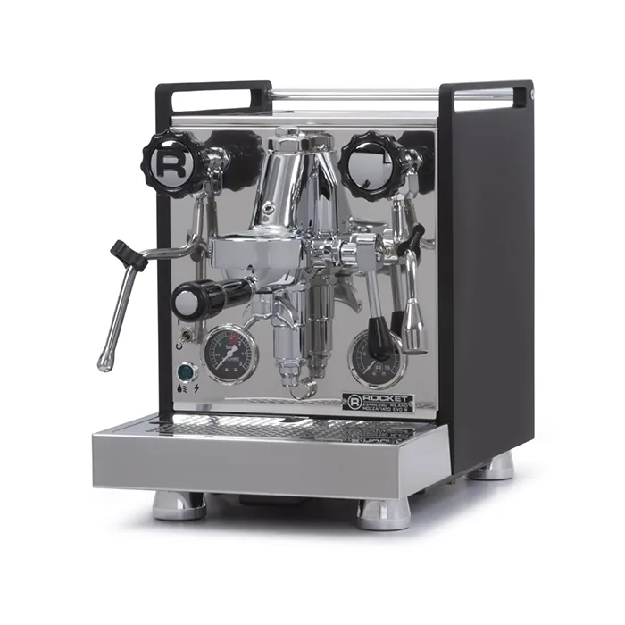 A sleek, Rocket Espresso Mozzafiato Cronometro R Black espresso machine, showcasing its elegant design