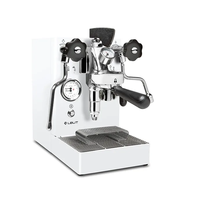A sleek, Lelit Mara X Espresso Machine White, showcasing its compact stainless steel exterior and E61 group head