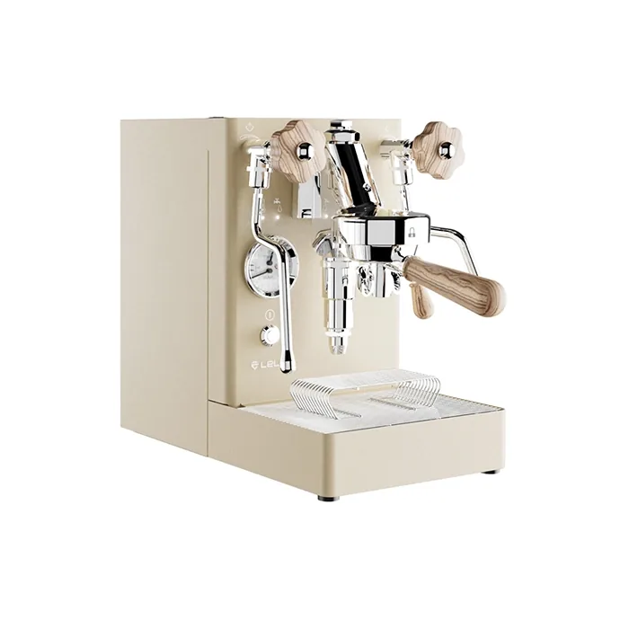 A Lelit Mara X Espresso Machine Gold with Zebrano wood accents, showcasing its elegant design